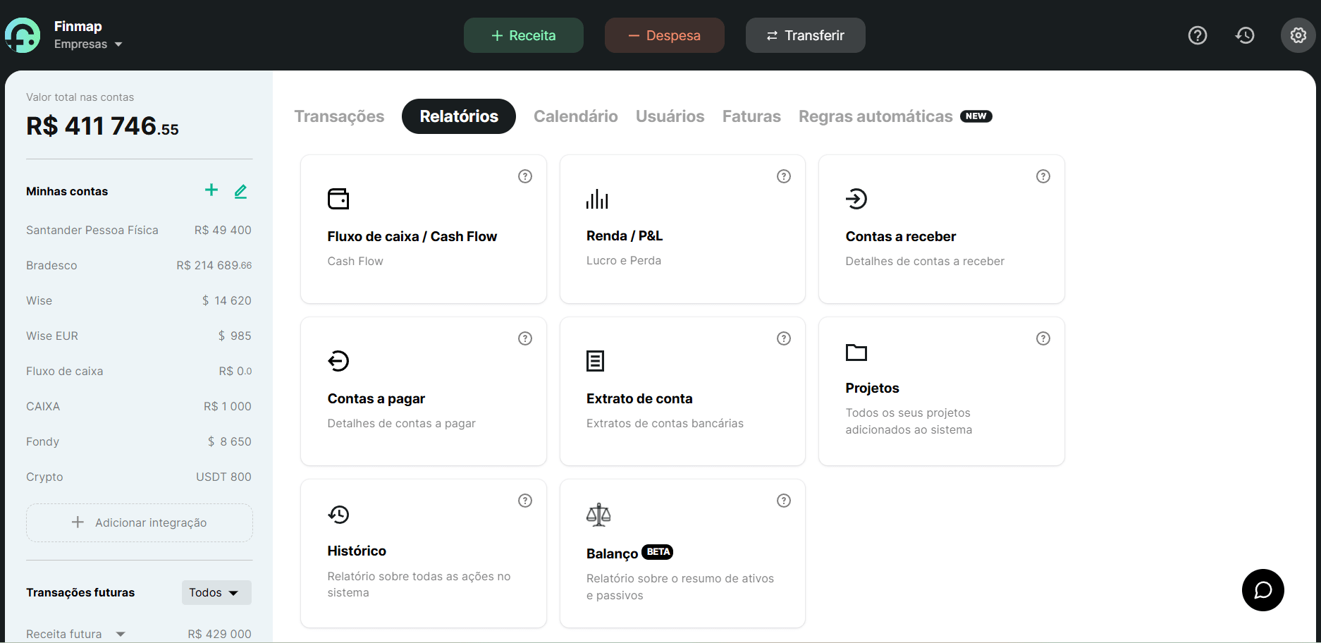 A lista de relatórios gerados automaticamente pelo Finmap