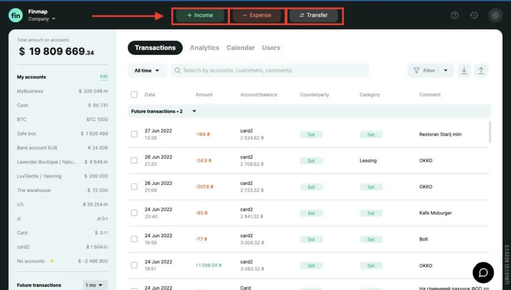 Income, Expense and Transfer buttons in Finmap