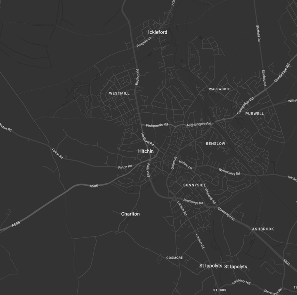 Dark-themed map showing towns and roads around Hitchin, including Ickleford, Westmill, Walsworth, Purwell, Benslow, Sunnyside, Ashbrook, St Ippolyts, Charlton, and Gosmore.