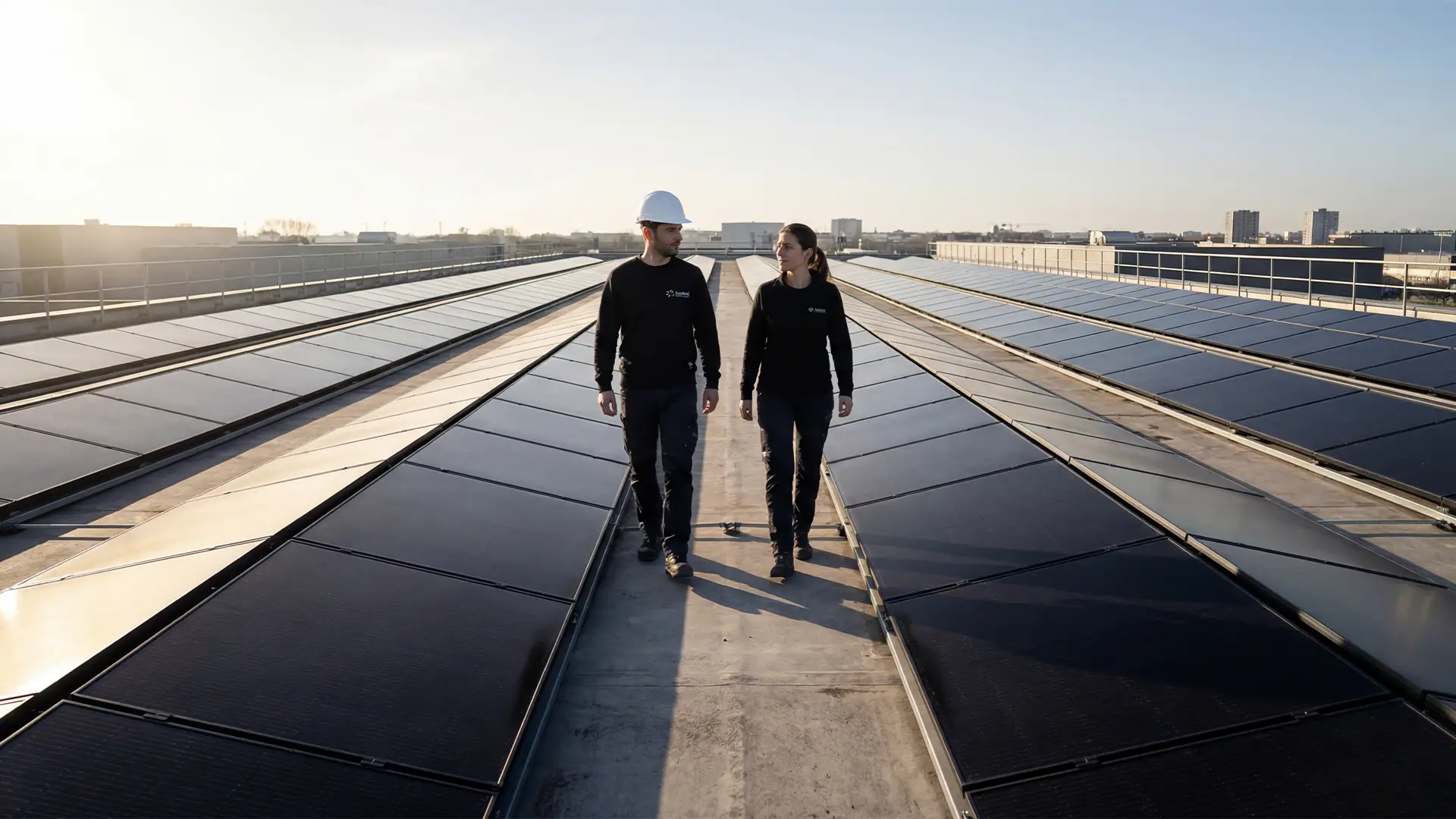 Deux personnes marchant entre des panneaux solaires sur une grande toiture