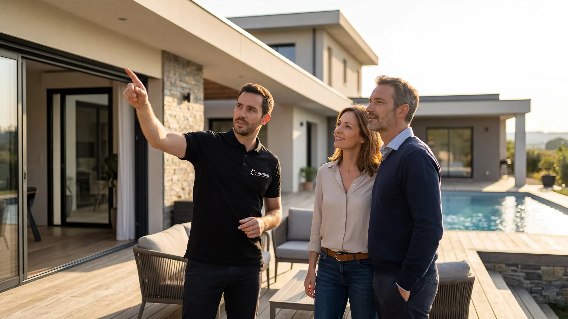 Un conseiller en polo noir expliquant un projet à un couple devant une maison moderne avec piscine.