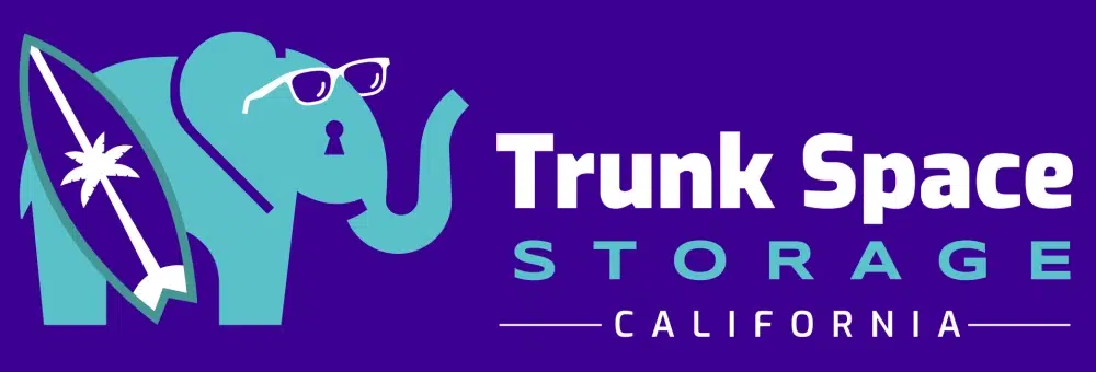 Logo of Trunk Space Storage California featuring a stylized turquoise elephant wearing white glasses with a keyhole on its head, holding a surfboard with a palm tree icon.