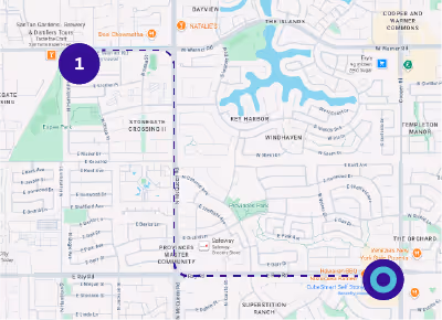 Map showing a dotted route from point marked 1 at Trunk Space Storage to a point marked O at a location near a major road.