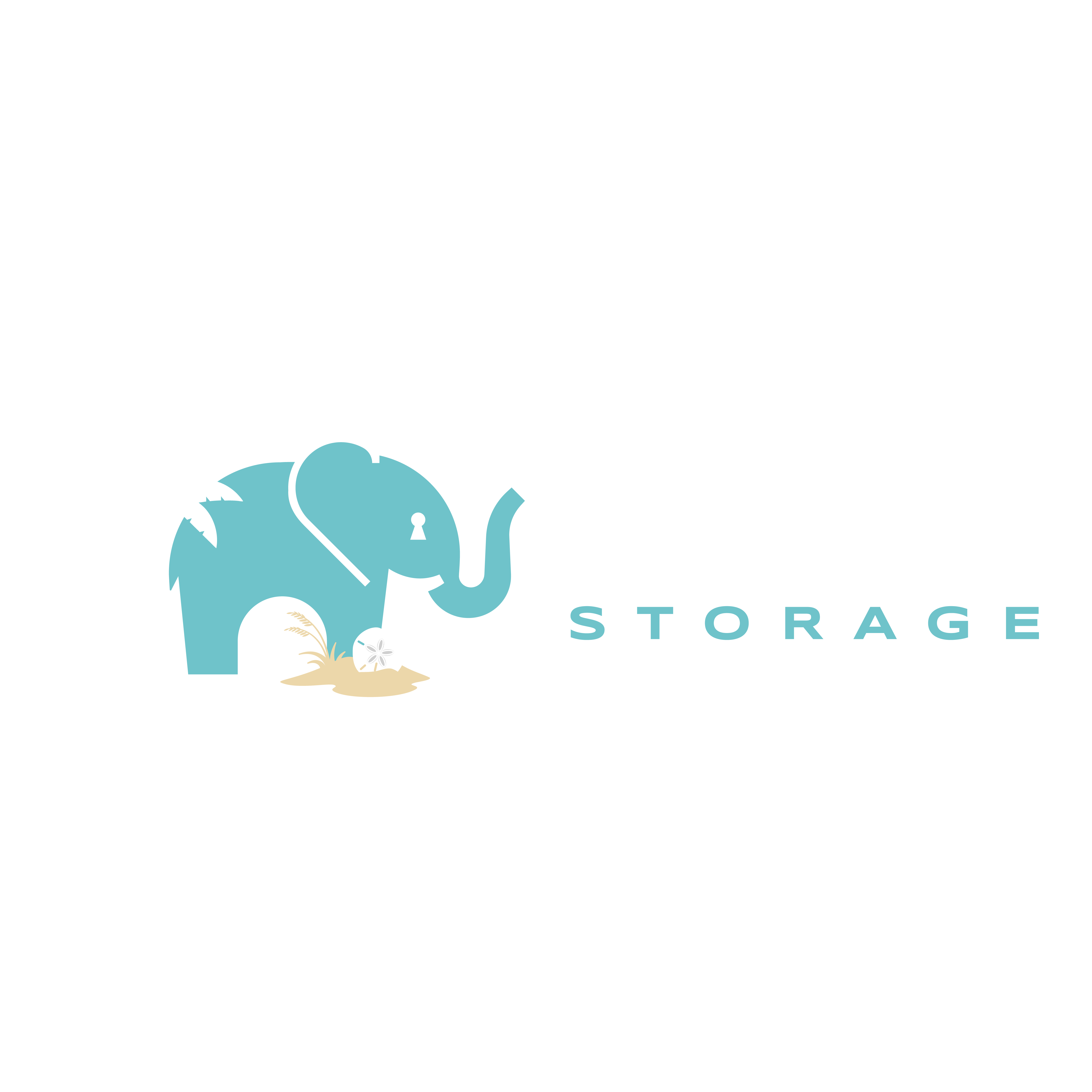 Logo featuring a blue elephant shaped like a trunk with a keyhole and a palm tree, crescent moon, and sand dollar, next to text 'Trunk Space Storage South Carolina'.
