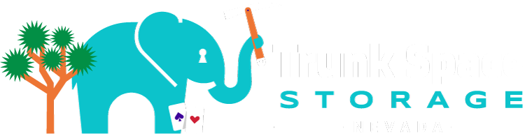 Logo of Trunk Space Storage Nevada featuring a turquoise elephant holding a pickaxe with two playing cards and a Joshua tree.