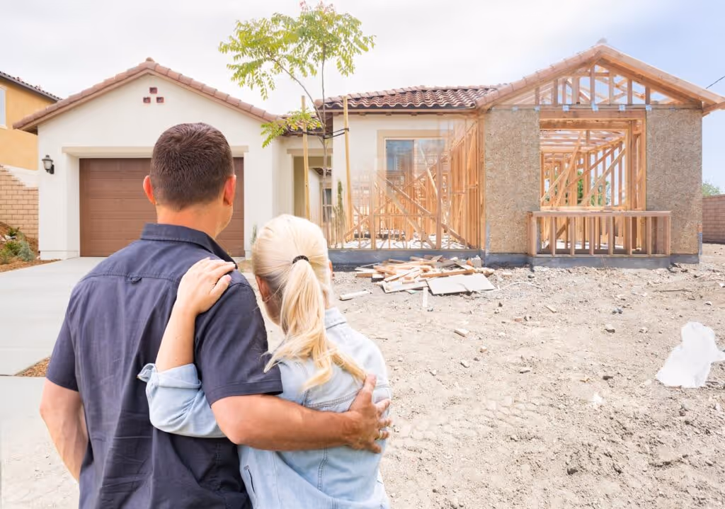 A couple proudly looks at their new home as it is being built in a suburban neighborhood on a sunny day.