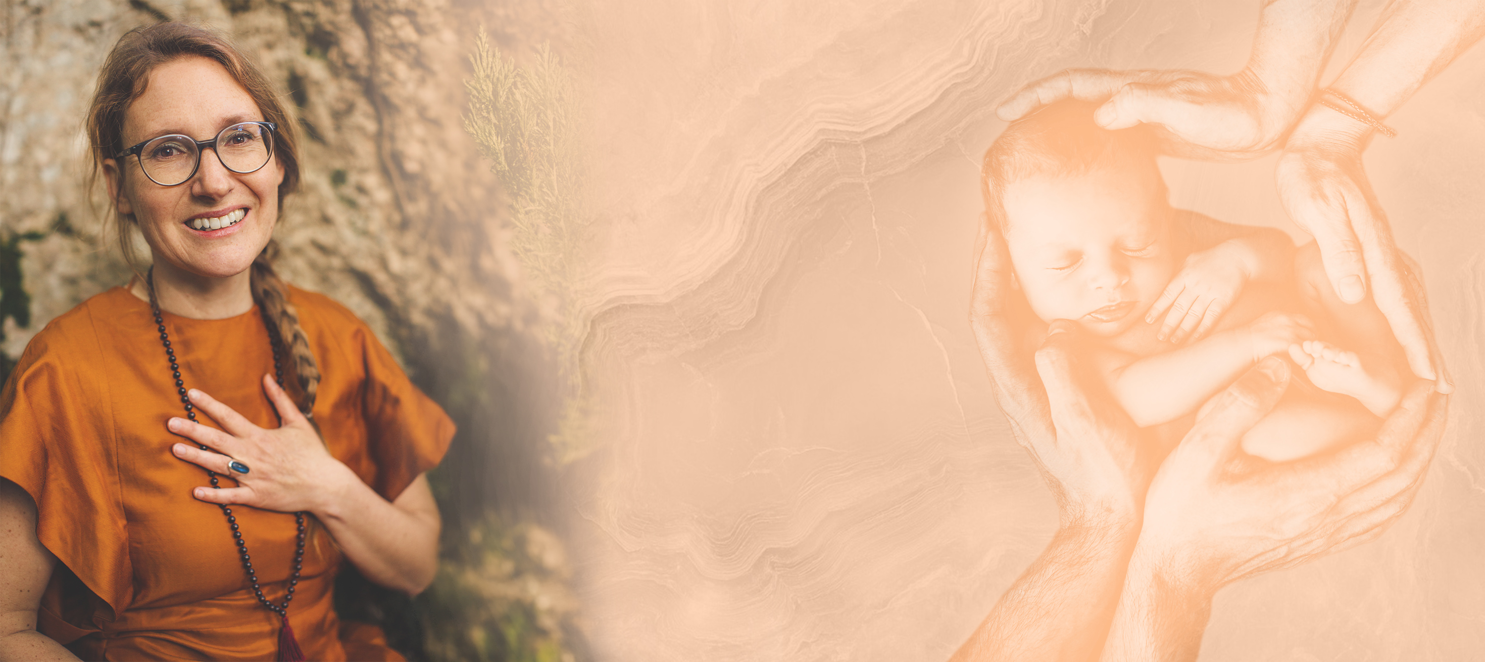 Woman with glasses and braided hair wearing an orange dress with a beaded necklace, smiling with hand on chest next to a faded image of hands cradling a sleeping newborn baby.