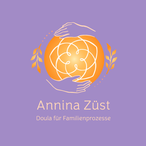 Logo with two outlined hands encircling an orange flower-like pattern, flanked by small branches, with text 'Annina Züst Doula für Familienprozesse' on a purple background.