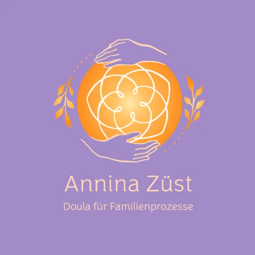 Logo with two outlined hands encircling an orange flower-like pattern, flanked by small branches, with text 'Annina Züst Doula für Familienprozesse' on a purple background.