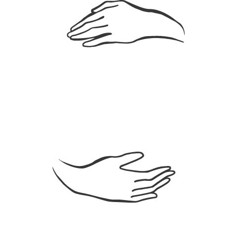 Minimalist black line drawing of two hands, one positioned above and one below, palms facing each other.