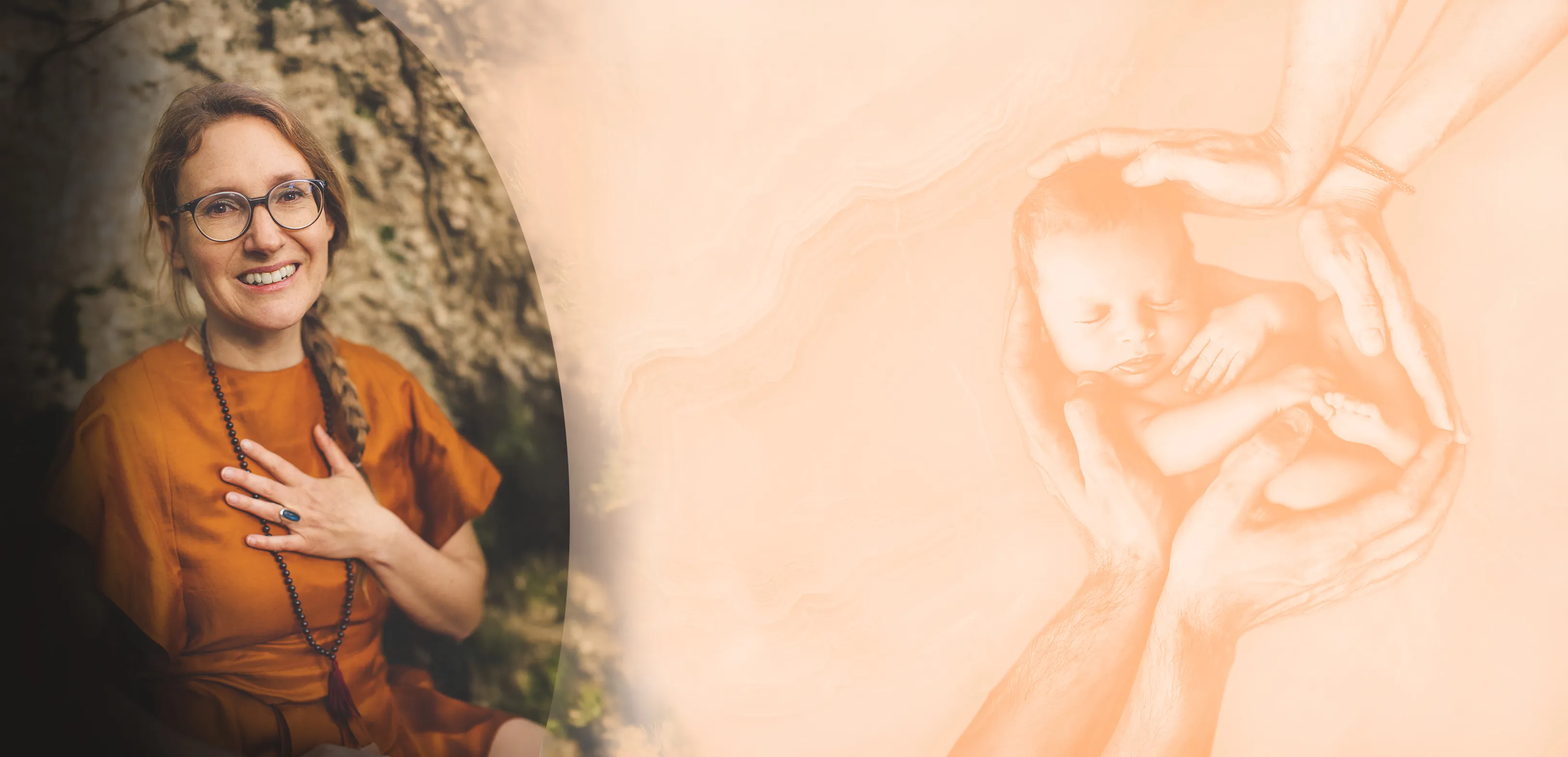 Smiling woman with glasses and braid wears orange dress and beads, beside a faded image of baby in hands.