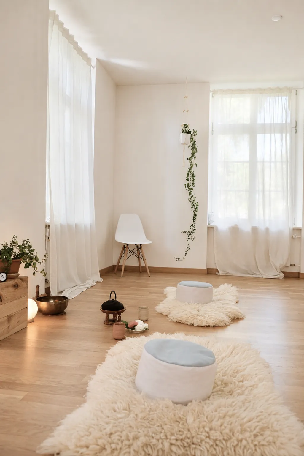 Minimal meditation room with wooden floor, white cushions on fluffy rugs, white chair, and hanging plant.