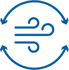 Blue icon with three horizontal air flow lines surrounded by a circular arrow, representing climate control.