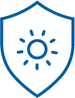 Blue shield outline containing a gear with a keyhole in its center, symbolizing security and protection.