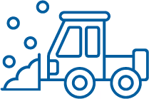 Icon of a snow plow truck clearing snow with snowflakes falling around it.
