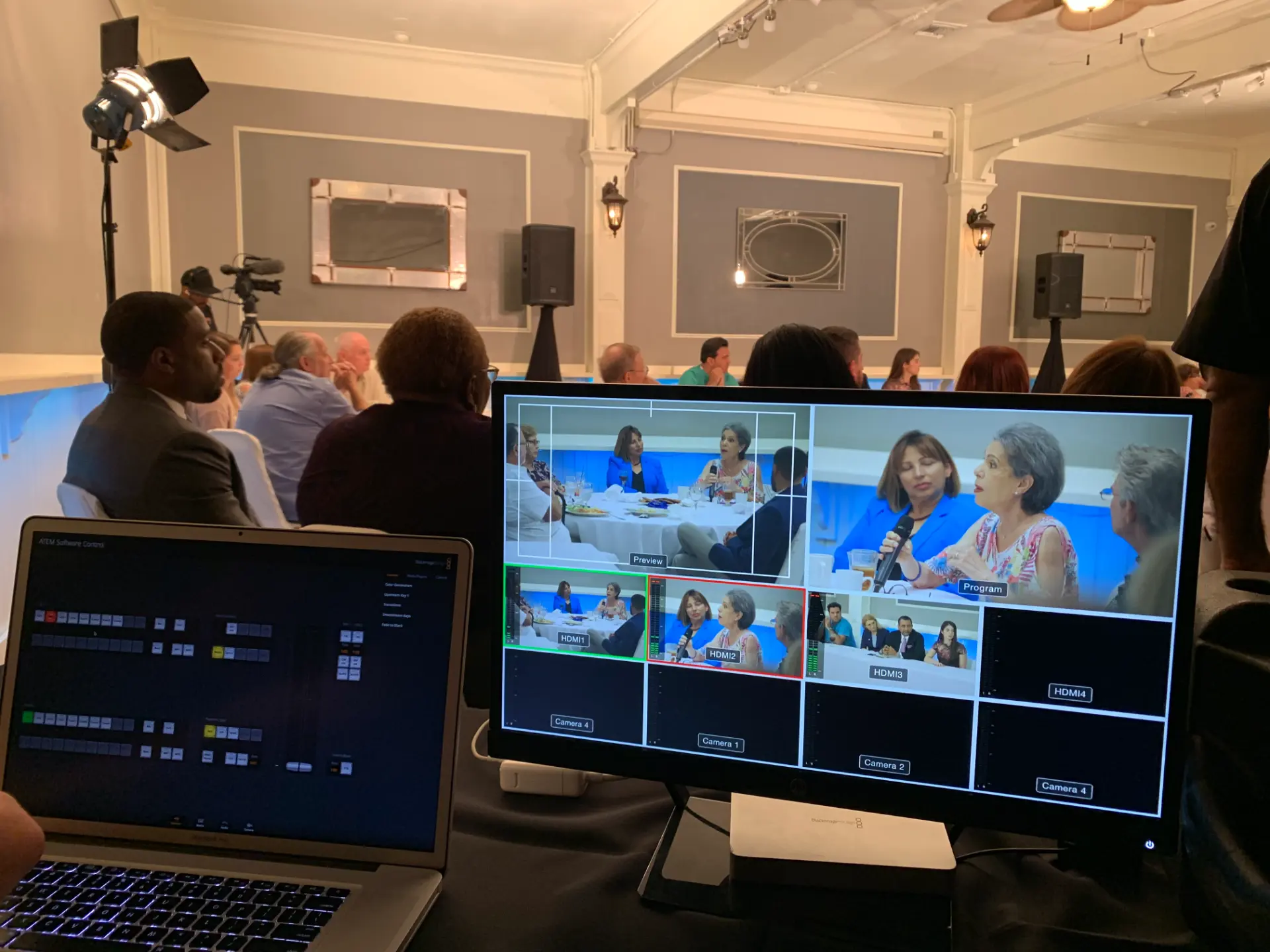 Video production team filming a digital video ad with monitors.