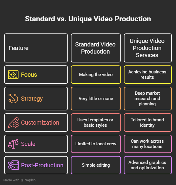 Infographic comparing standard vs unique video production service