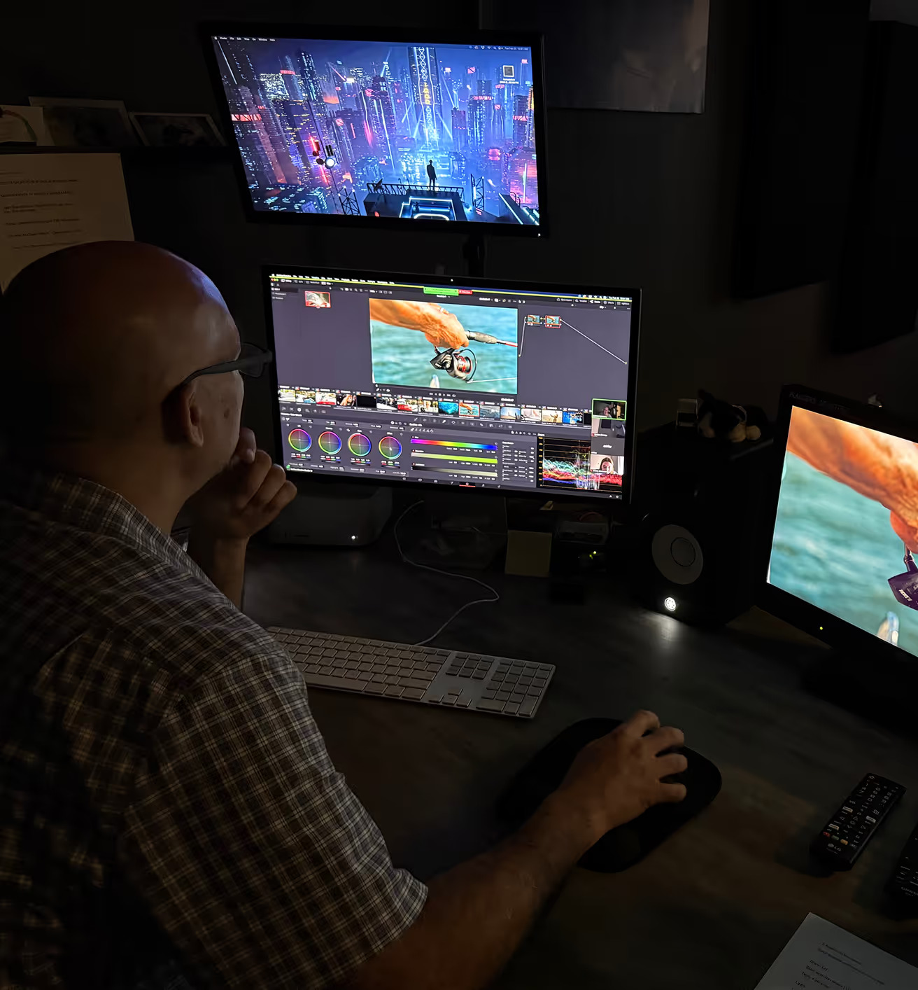 Video editor working at a multi-screen workstation during a post-production session