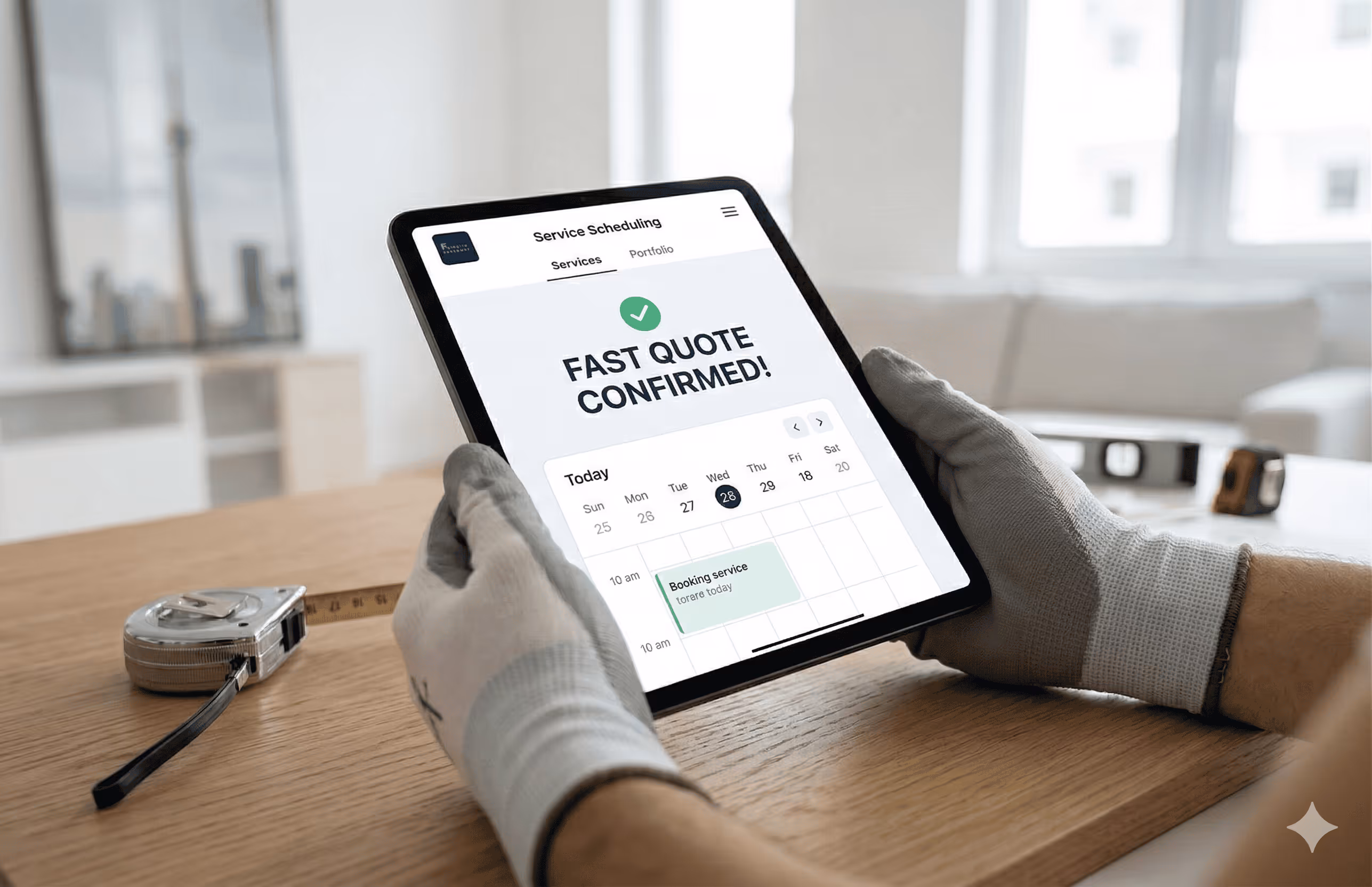 The tablet shows that the customer has successfully booked a furniture assembly appointment