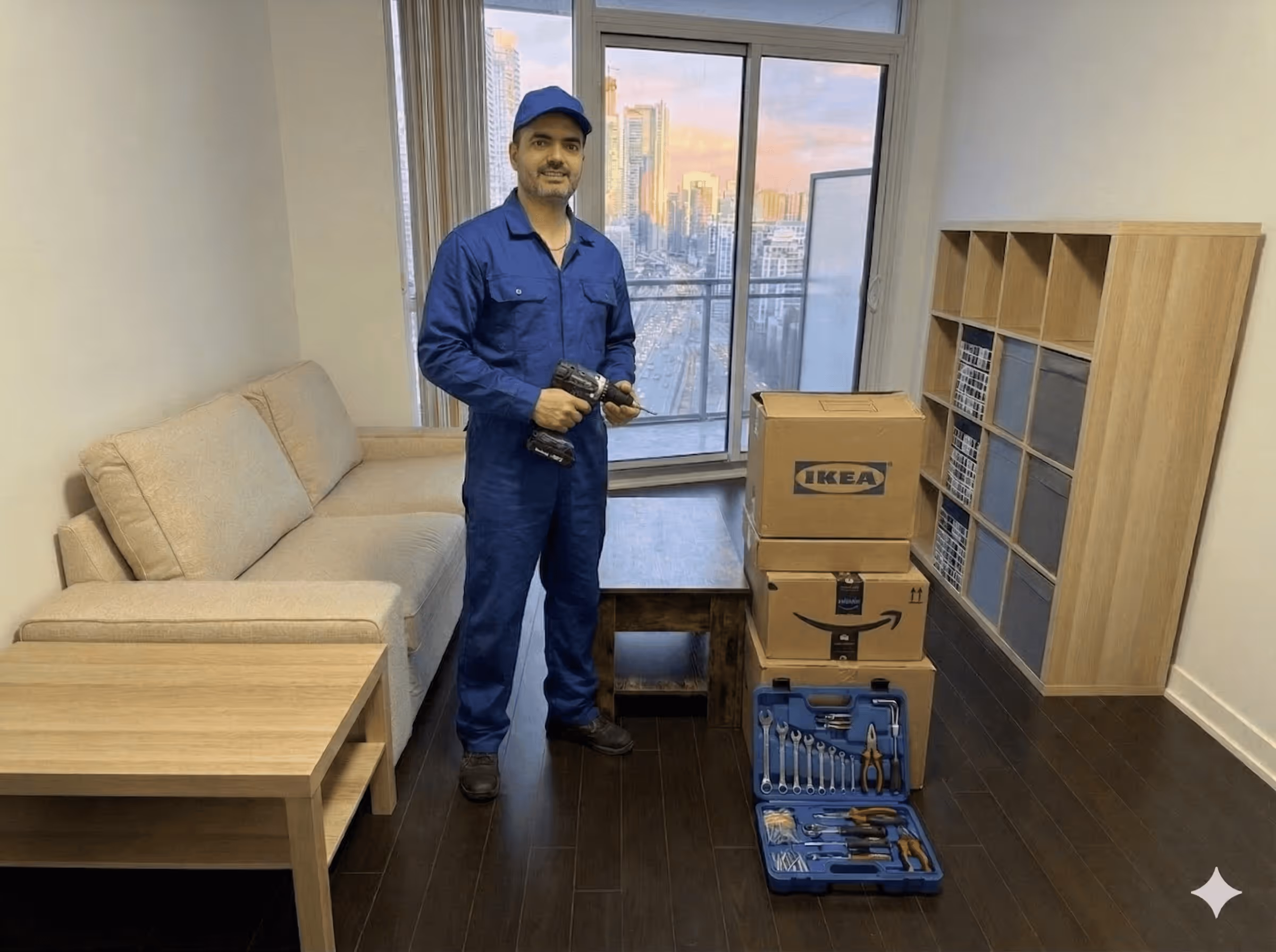 A professional furniture assembler holding an electric screwdriver