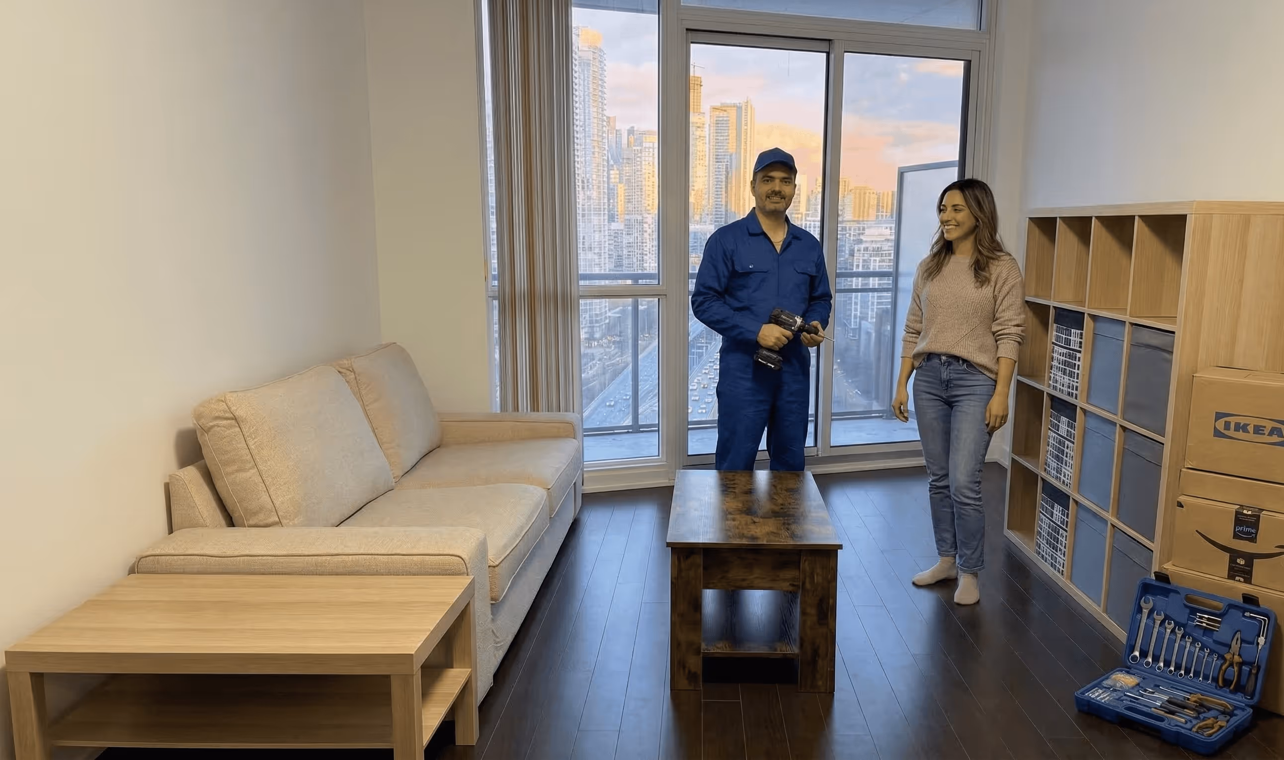 Satisfied customer and furniture assembler with finished furniture