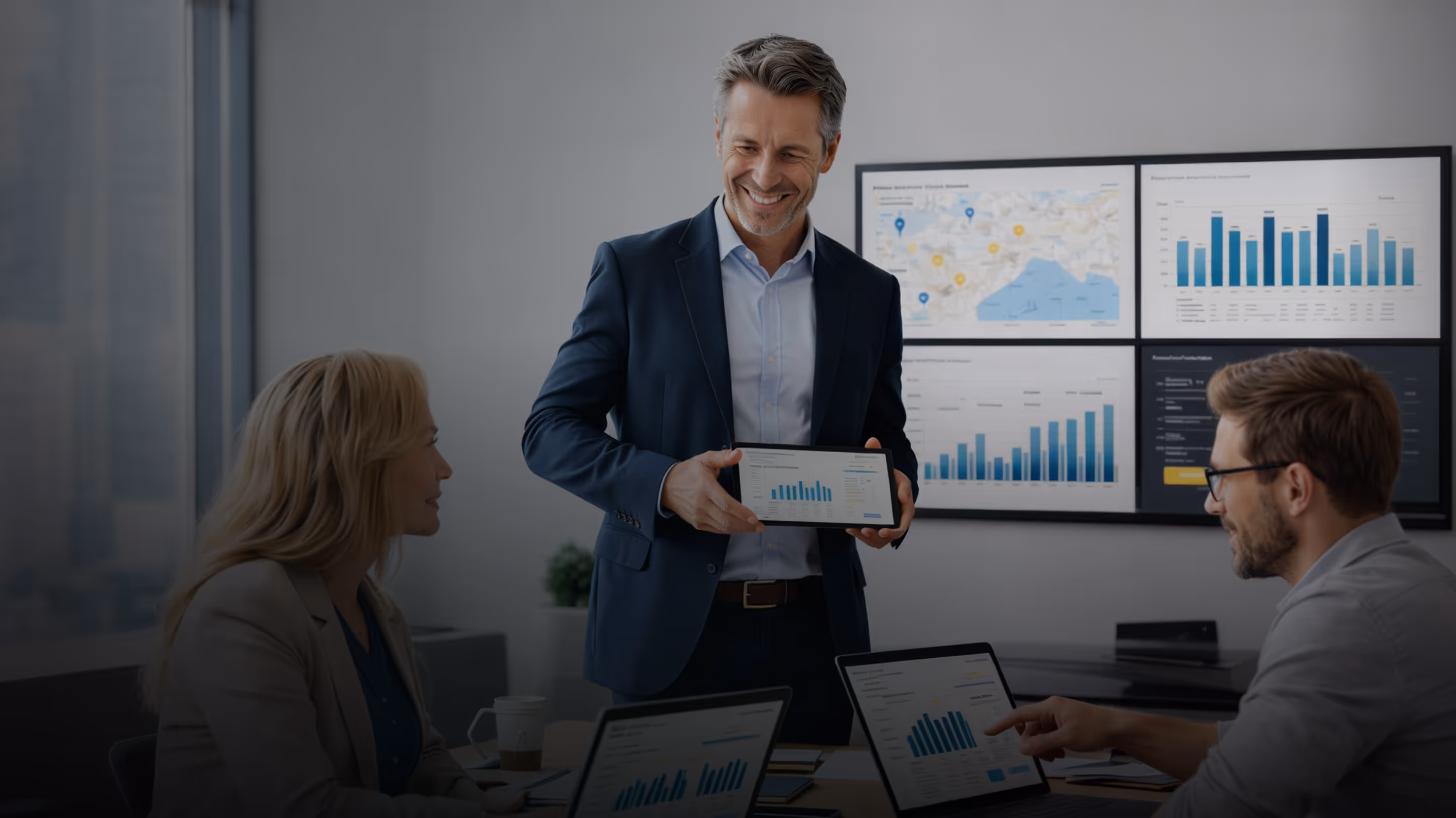 Businessman presenting data charts on a tablet to two colleagues in a meeting room with charts displayed on the wall.