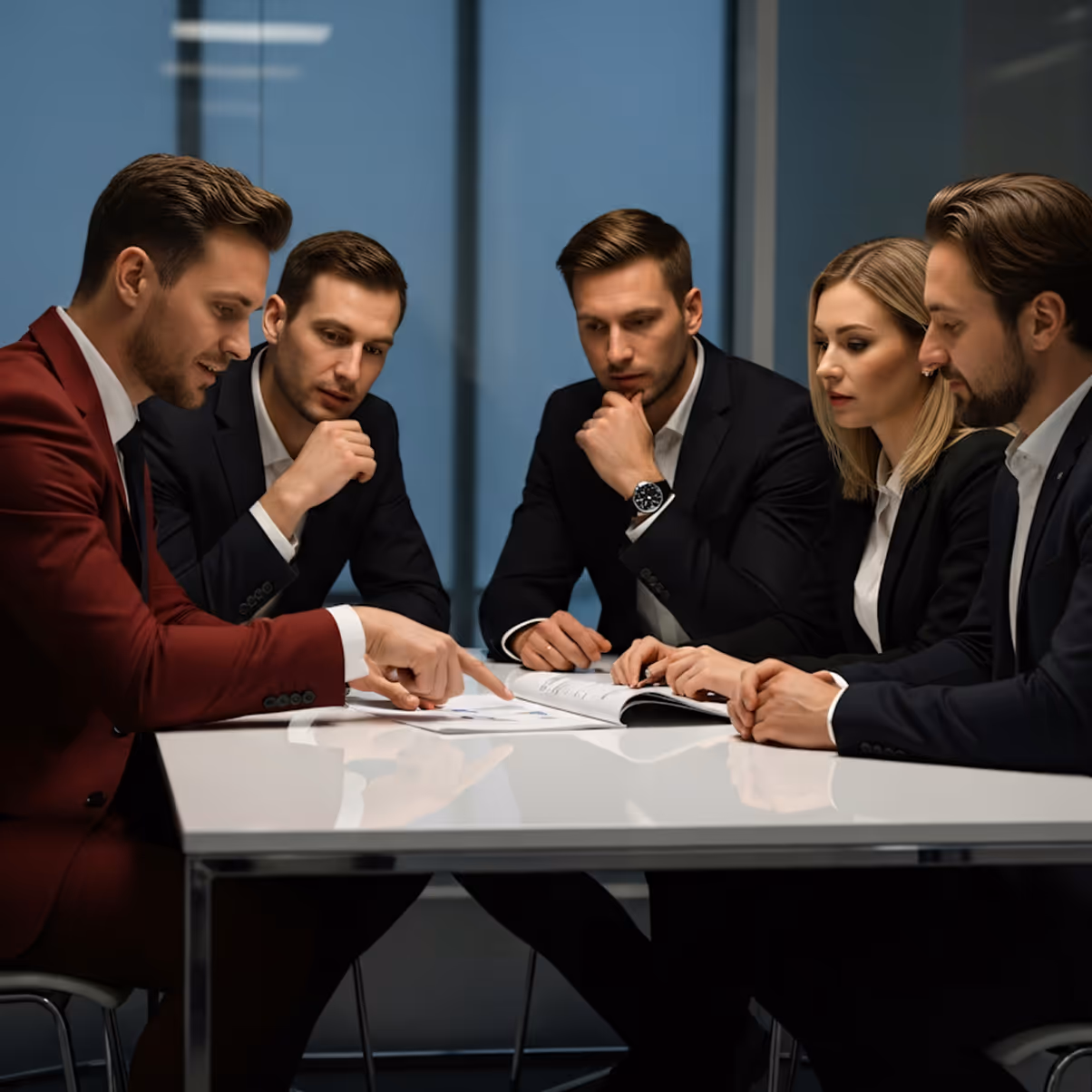 Five businesspeople in suits sitting at a table engaged in a discussion over documents.