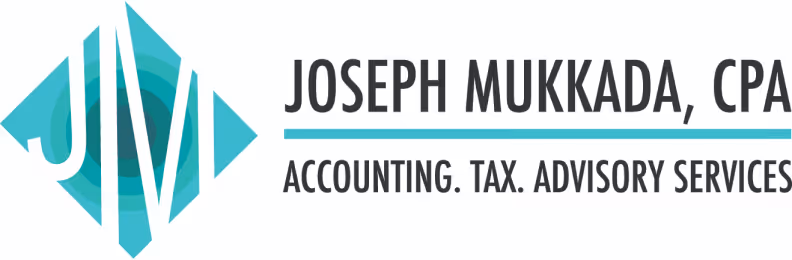 Logo with stylized letters J and M inside a blue diamond shape next to text 'Joseph Mukkada, CPA' and 'Accounting. Tax. Advisory Services.'