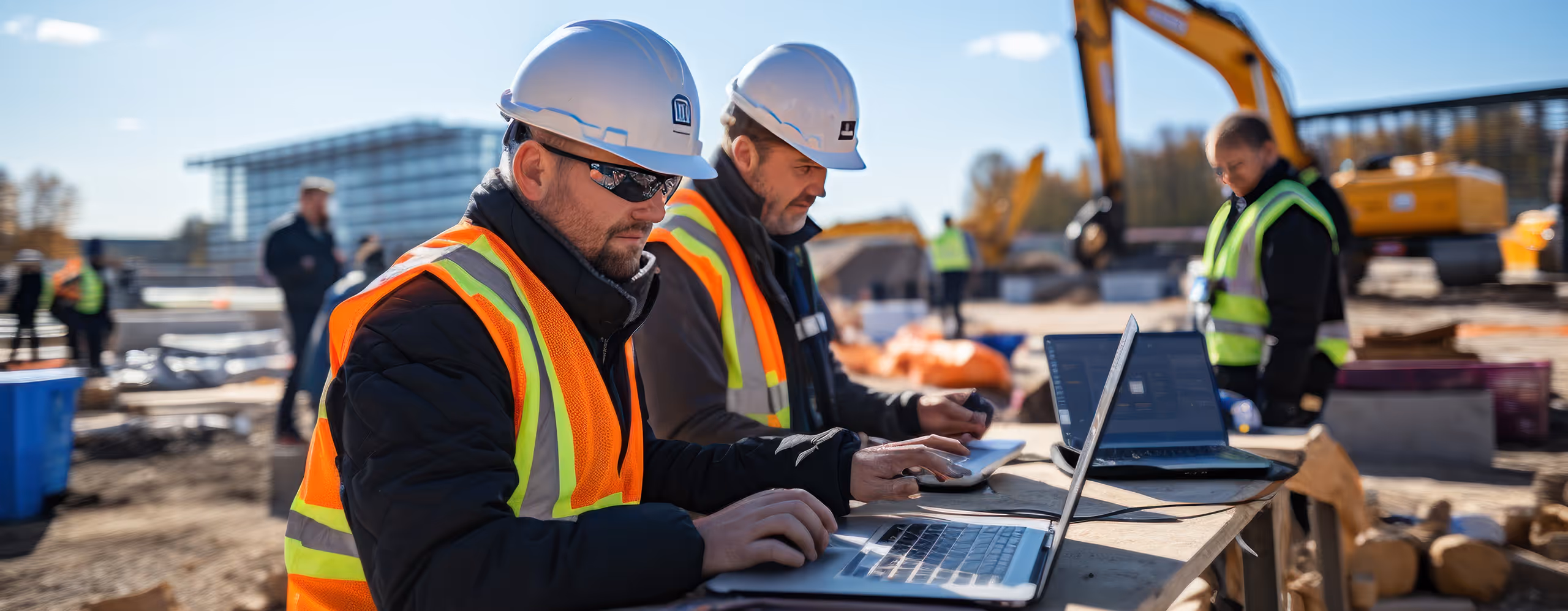Two construction workers wearing hard hats and safety vests working on laptops at a construction site with machinery and other workers in the background.