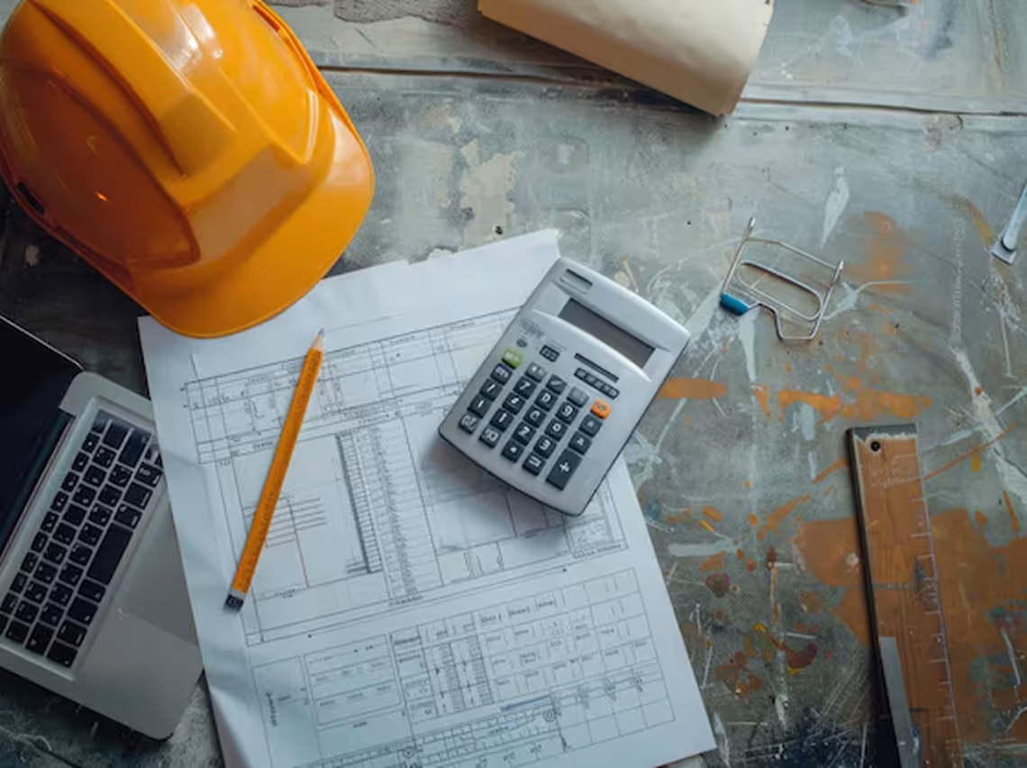 Construction blueprint on a table with a yellow hard hat, calculator, pencil, ruler, and laptop keyboard.