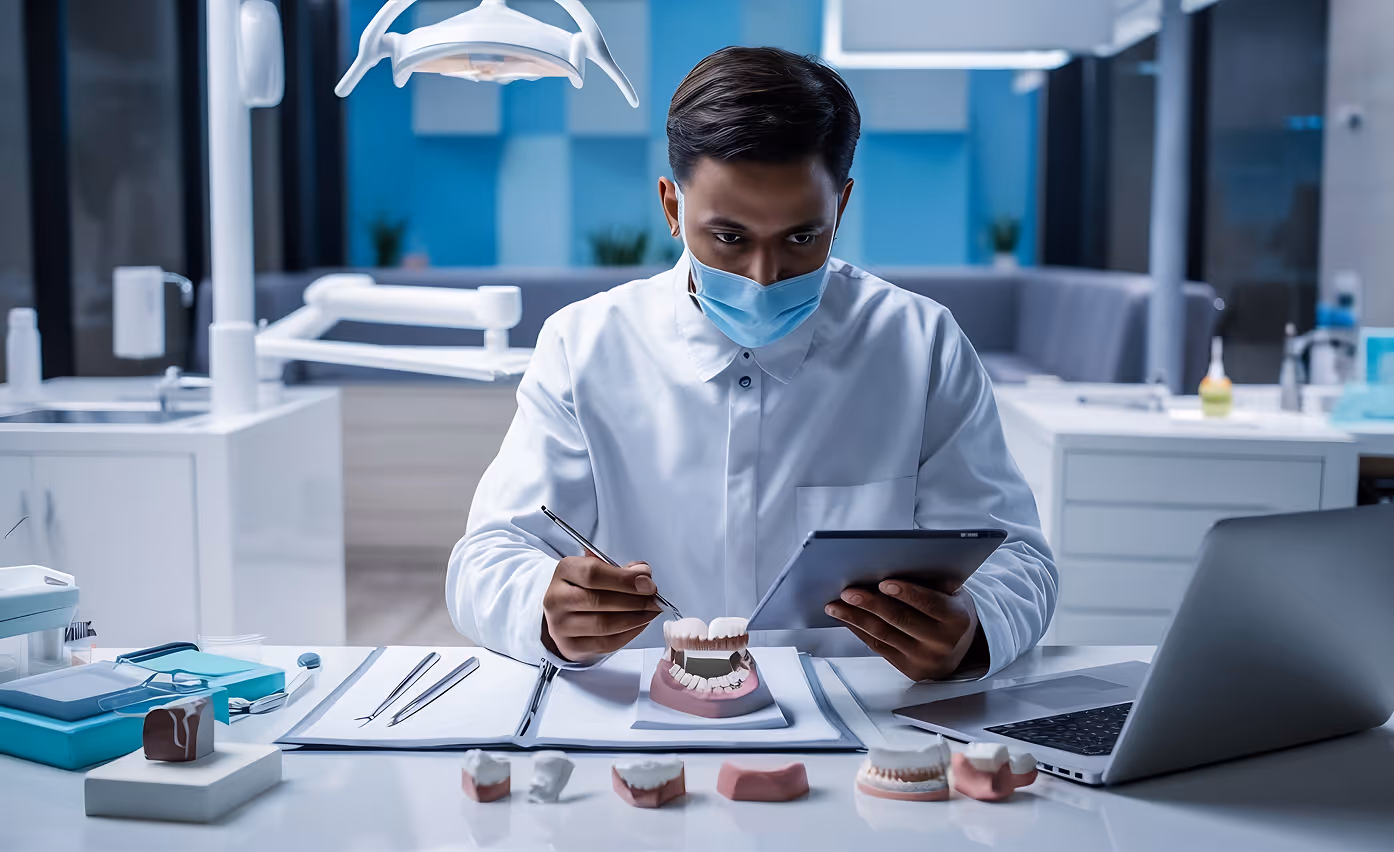 Dentist wearing a mask working on a dental mold while holding a tablet in a dental clinic.