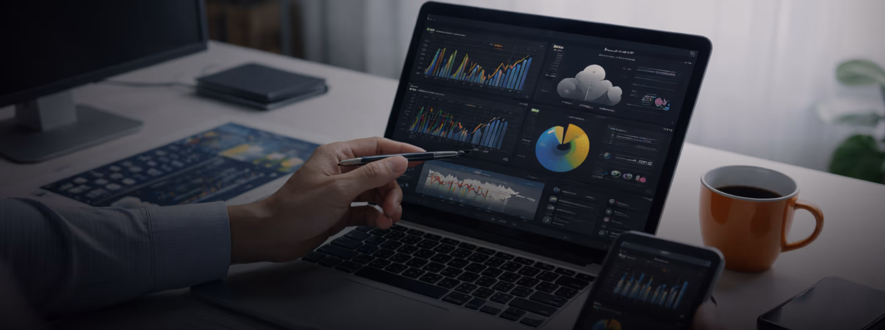 Hand pointing with a pen at charts and graphs on a laptop screen showing data analytics, next to a smartphone and an orange coffee cup on a white desk.