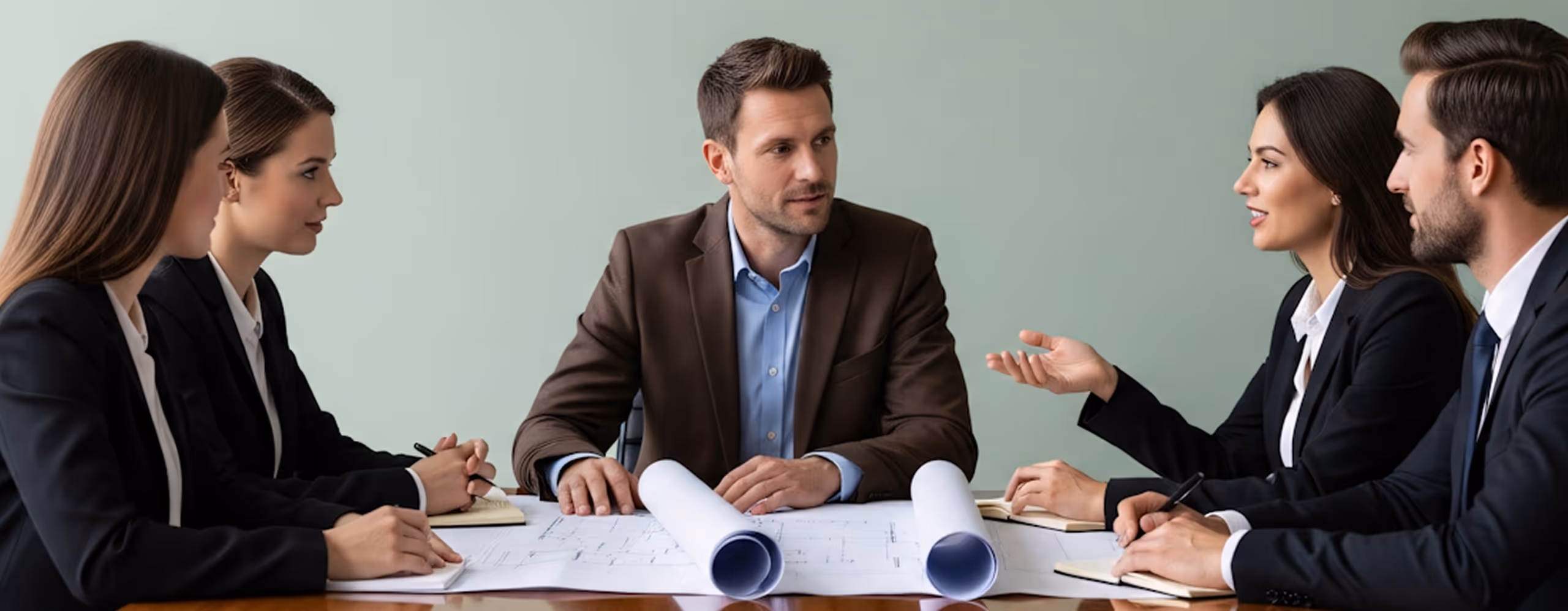 Five business professionals in formal attire having a discussion around a table with architectural blueprints and notebooks.