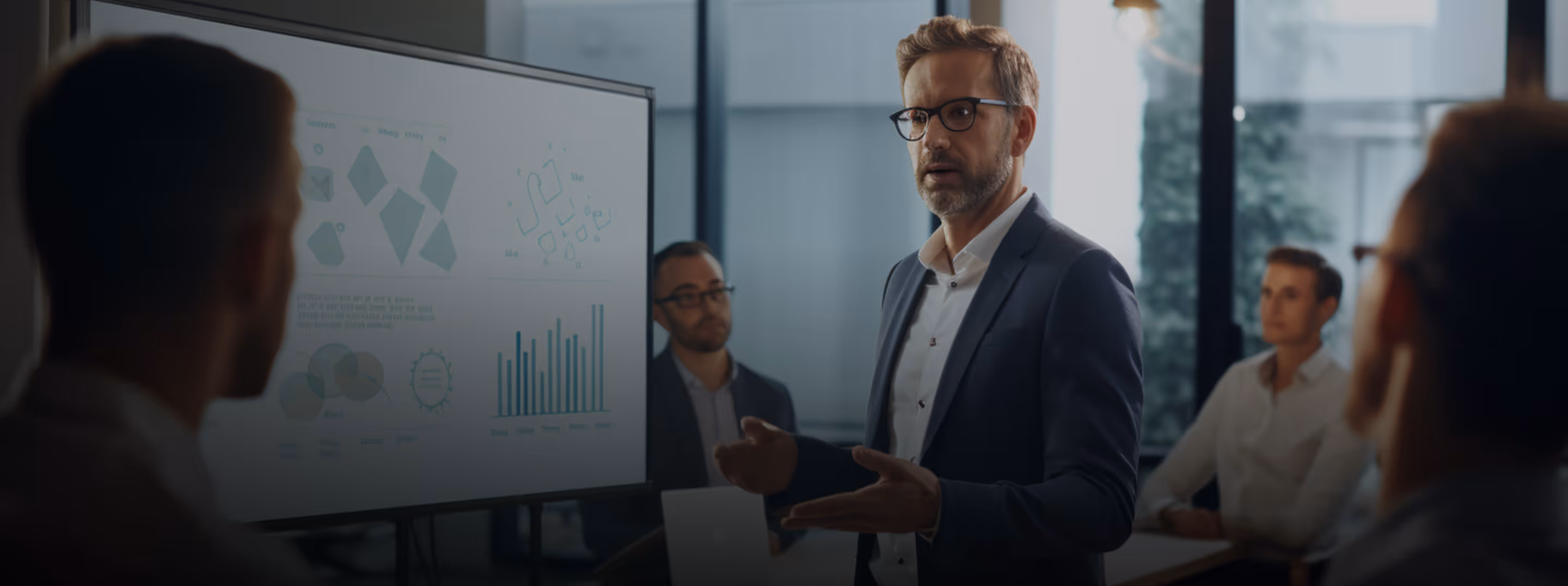 Businessman wearing glasses and a suit giving a presentation to colleagues with charts on a screen.