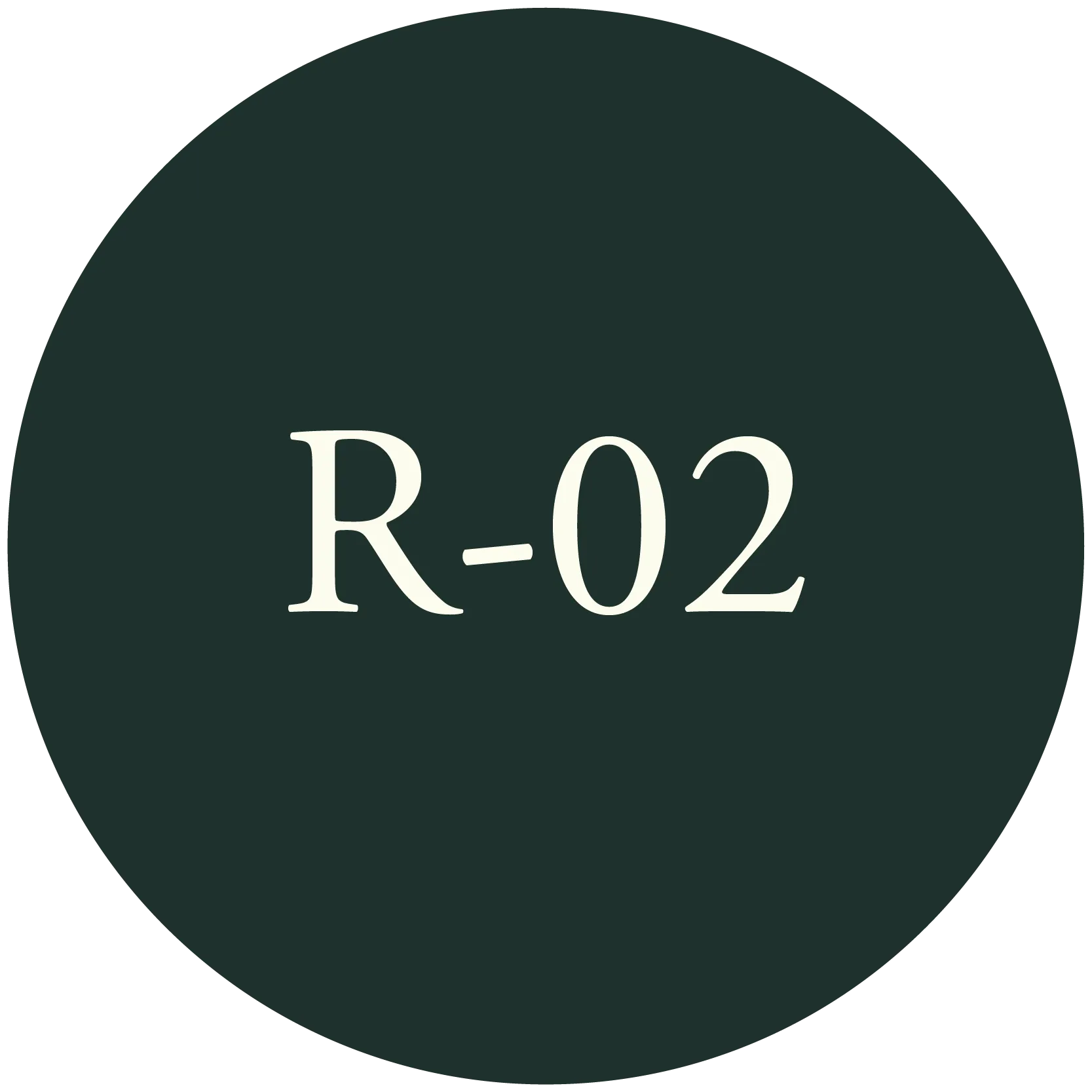 Circular dark green background with white text 'R-02' in the centre.