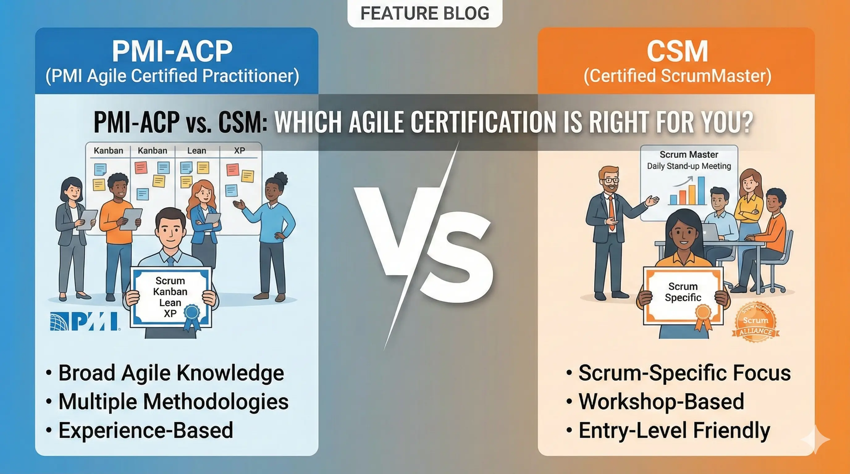 PMI-ACP vs CSM certification comparison showing PMI Agile Certified Practitioner covering multiple frameworks versus Certified ScrumMaster focused on Scrum