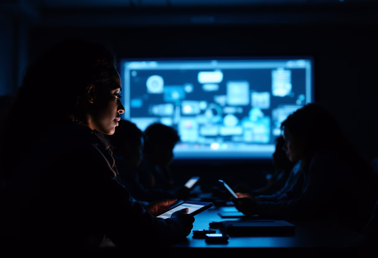 image of a teacher interacting with students using digital tools (for an edtech)