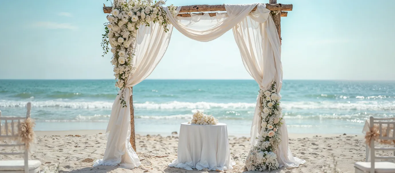 Decorated wedding arch with white flowers and fabric on a sandy beach with ocean waves in the background.