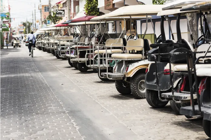 A row of parked golf carts lined up along a paved street with a person riding a bicycle in the background.