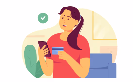illustration of woman putting credit card into a phone for payment