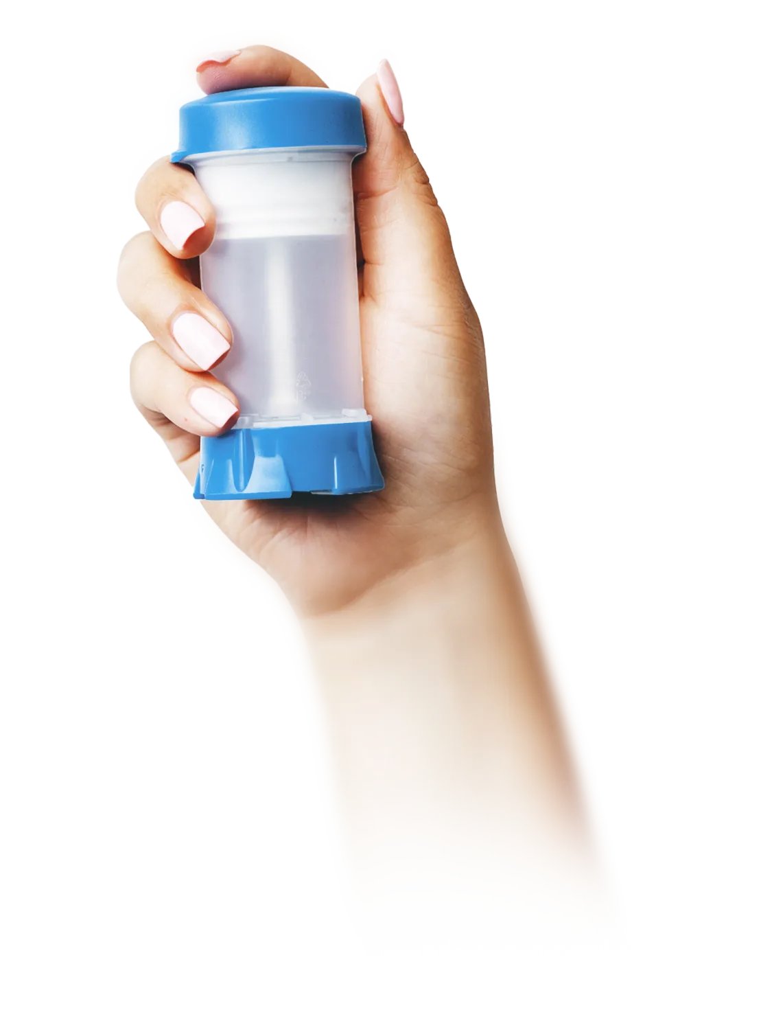 Hand with light skin tone and pale pink nail polish holding a small topi-click dispenser with a blue lid and base.