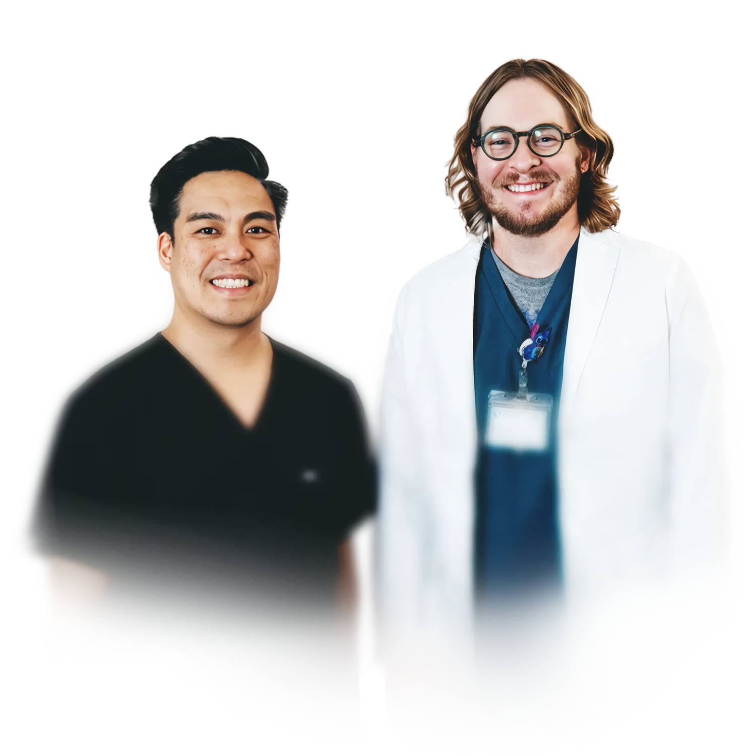 Two smiling men standing side by side wearing medical scrubs, one in black and the other in navy with a white lab coat and round glasses.