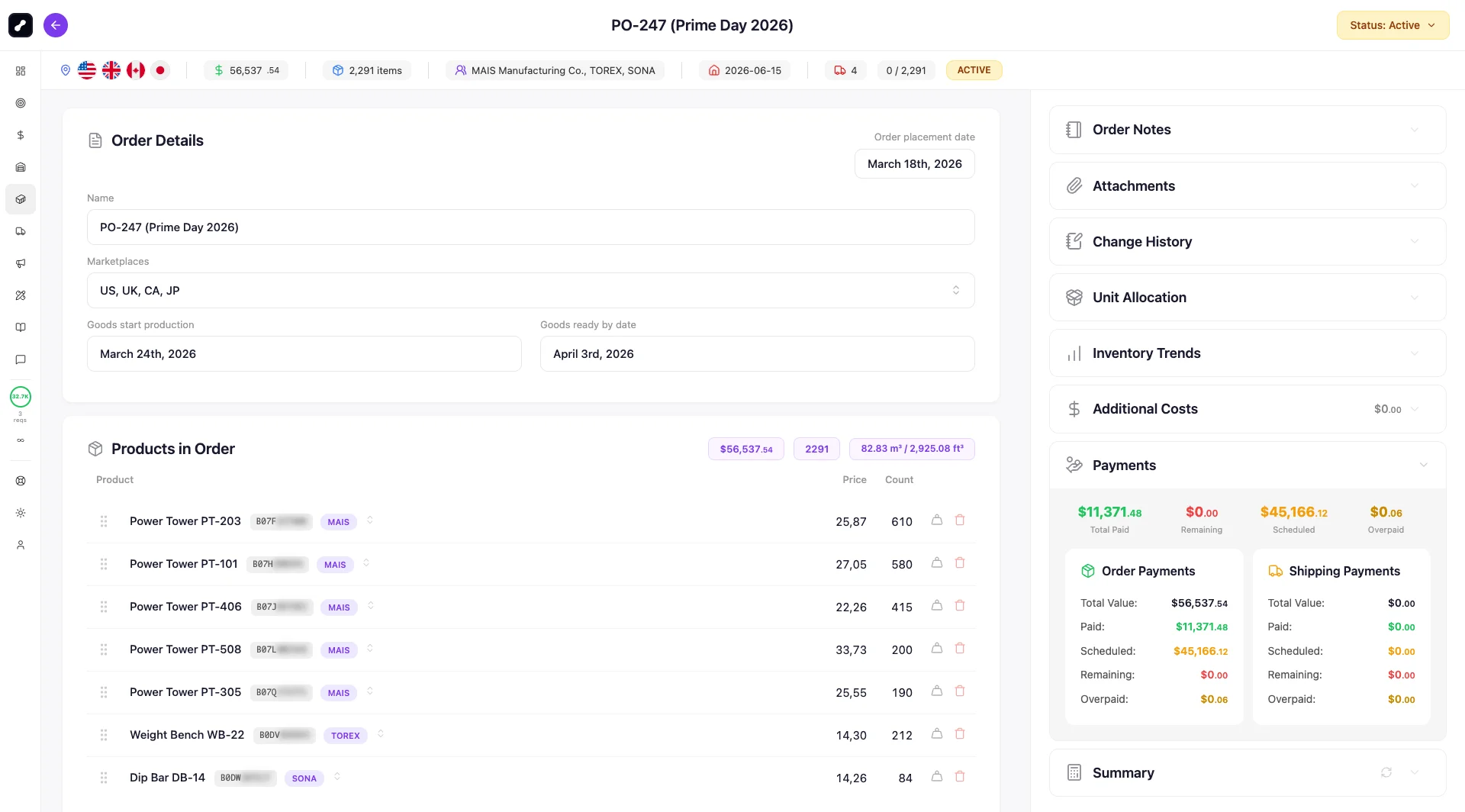 Purchase order created autonomously by the AI agent in PROPAMP AI