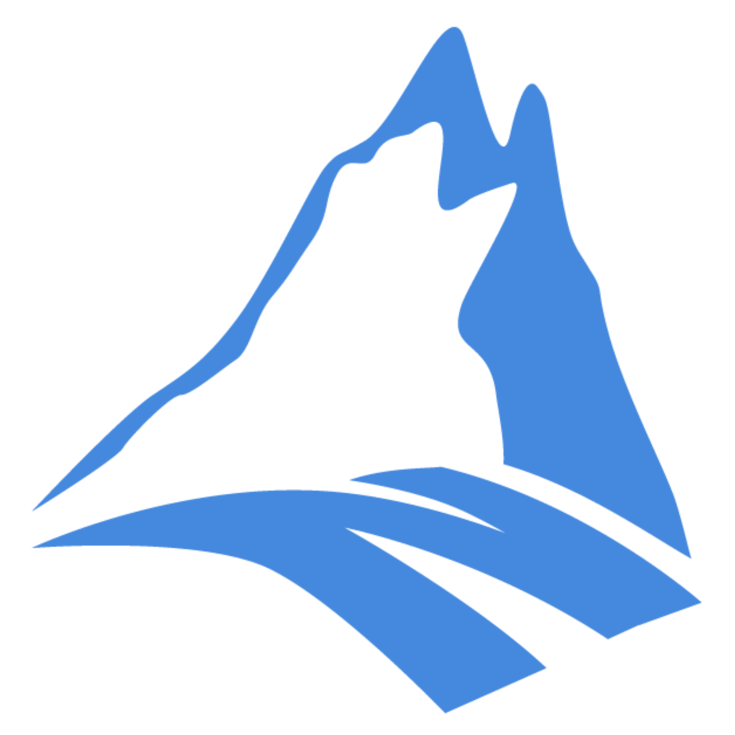 Blue stylized mountain peak with two curved lines below representing a landscape or path.