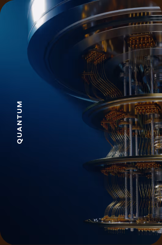 Close-up of a quantum computer's intricate and reflective internal components with cables and metallic parts against a dark blue background.