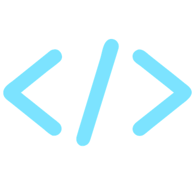 Blue code symbol with less-than, slash, and greater-than signs on a black background.
