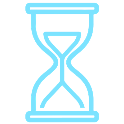 Blue outline of an hourglass timer icon on a white background.