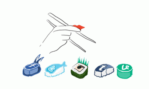 Gif de boca comendo comidas com ícones de redes sociais