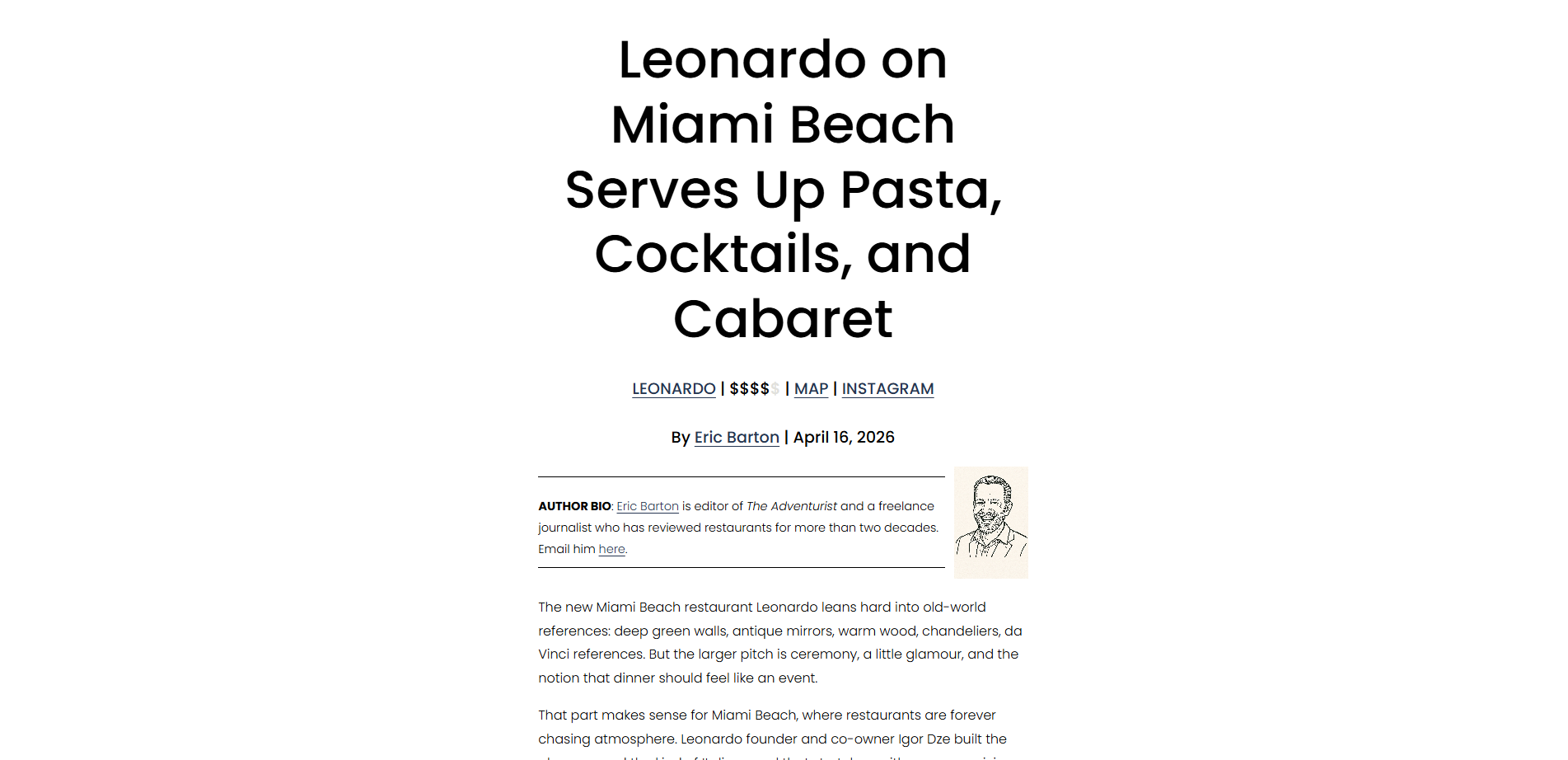 Leonardo on Miami Beach Serves Up Pasta, Cocktails, and Cabaret