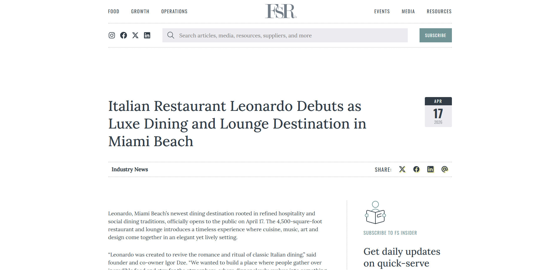 	Italian Restaurant Leonardo Debuts as Luxe Dining and Lounge Destination in Miami Beach